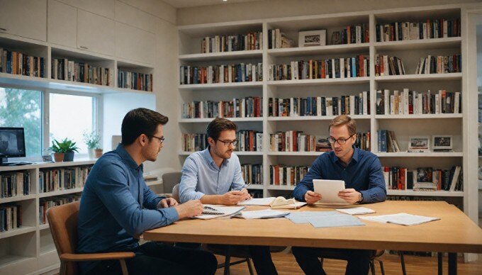 Two marketers discussing paid search strategies in a collaborative workspace.