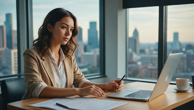 A professional reviewing digital marketing strategies on a laptop.