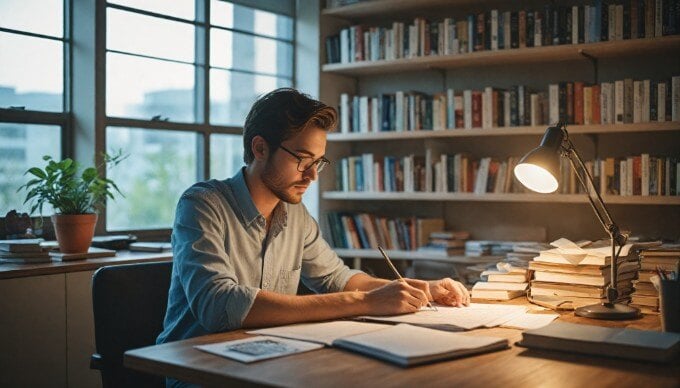 A professional setting with a person focusing on a computer screen while writing notes, surrounded by books and a notepad.