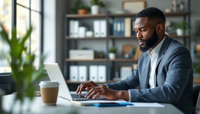 A smart-casual professional using an AI tool on a laptop in an office environment.