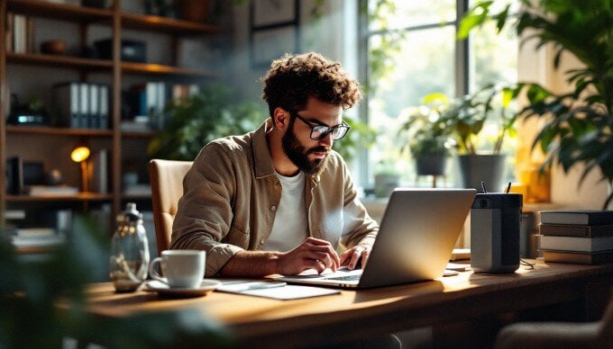 An individual programming on a laptop with notes and a coffee cup on the desk.