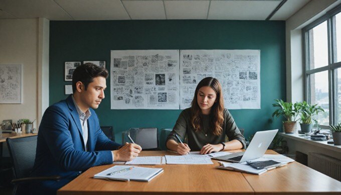 A professional setting showcasing two individuals collaborating on responsive design concepts, surrounded by laptops and design mockups.