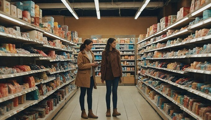 An organized retail space showcasing various product categories, with shoppers browsing and interacting with products.