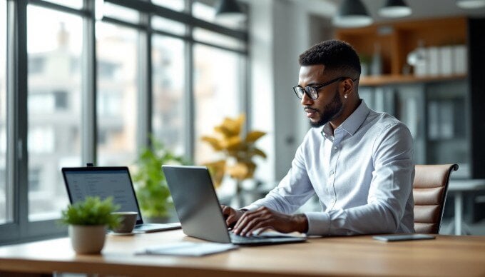 A business professional reviewing AI SEO tools on a laptop, emphasizing the importance of technology in digital marketing.