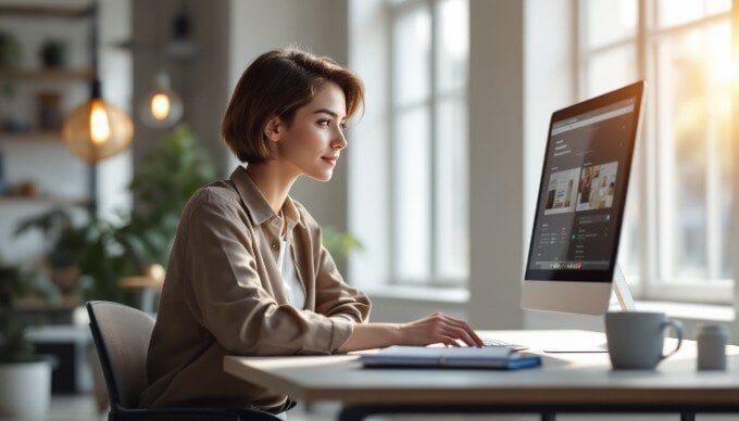 An individual reviewing AI content generation tools on a computer screen in a modern workspace.