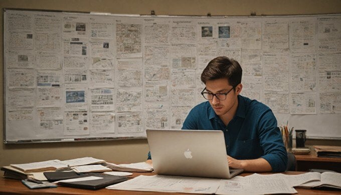 A person reviewing technical content on a laptop in a cozy office space, surrounded by books and papers, reflecting a focused work atmosphere.