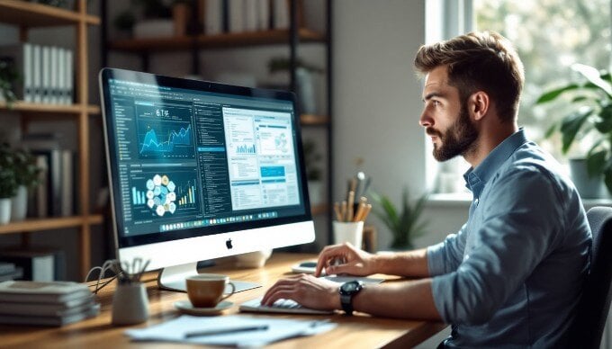 An individual reviewing technical documents with AI software on a computer.