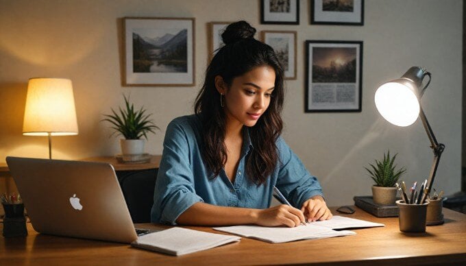 A person reviewing user-generated content on a laptop in a cozy home office setup.