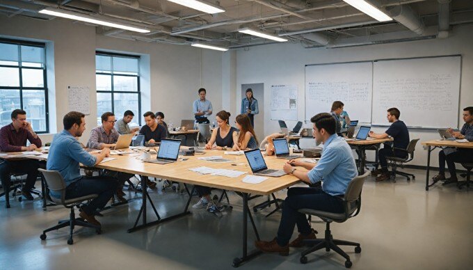 A group of webmasters discussing best practices for robots.txt files in a collaborative workspace.