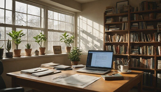 A professional setting with a person analyzing a robots.txt file on a computer, surrounded by notes and a coffee cup.