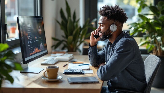 A focused sales professional making a cold call at their desk, surrounded by notes and a computer.