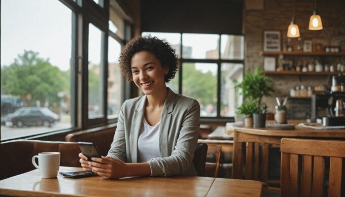 A sales representative using a mobile CRM application to engage with a client at a coffee shop.