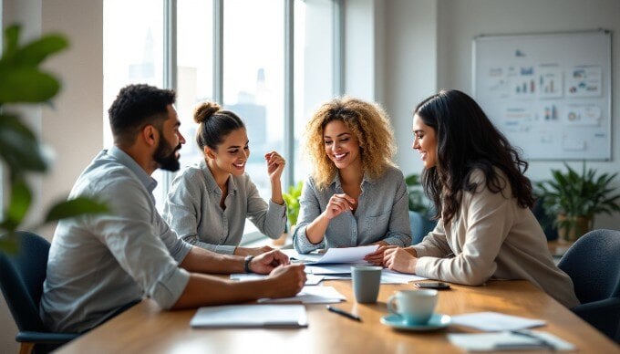 A diverse sales team collaborating over lead generation strategies in a bright office.