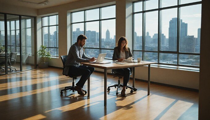 A professional setting where two individuals analyze data on a computer, surrounded by SEO-related materials.