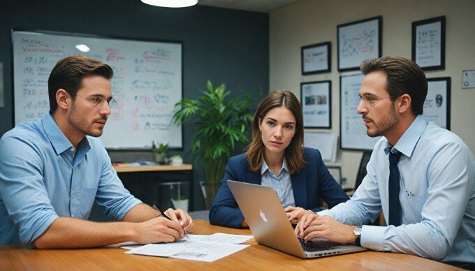 A professional setting showing two diverse colleagues discussing SEO strategies over a laptop in an office environment.