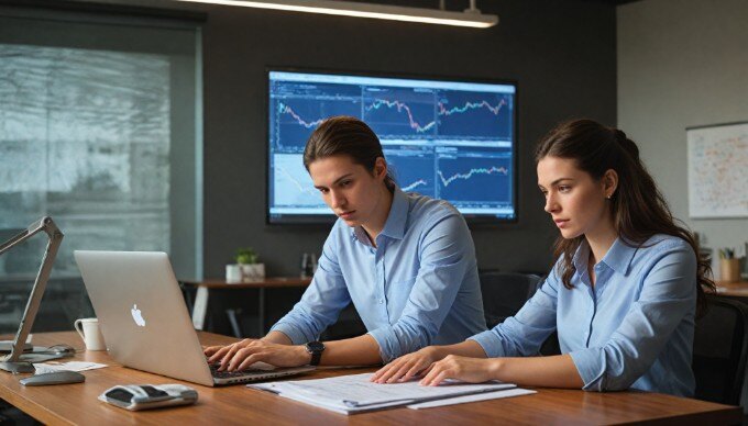 A professional team analyzing SEO data on a laptop in a modern office setting.