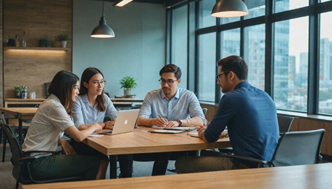 A professional setting showing a diverse group of people discussing optimization strategies around a conference table with laptops and notebooks.