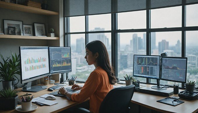 An individual analyzing SEO data on a computer screen in a stylish office.