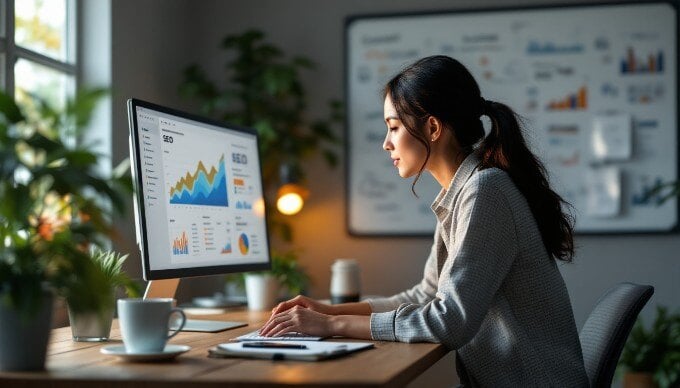 A digital marketing professional analyzing SEO data on a computer screen in a modern workspace.