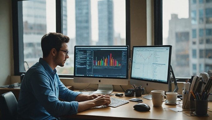 A professional workspace with a person analyzing SEO data on a computer screen, surrounded by notes and a coffee cup.