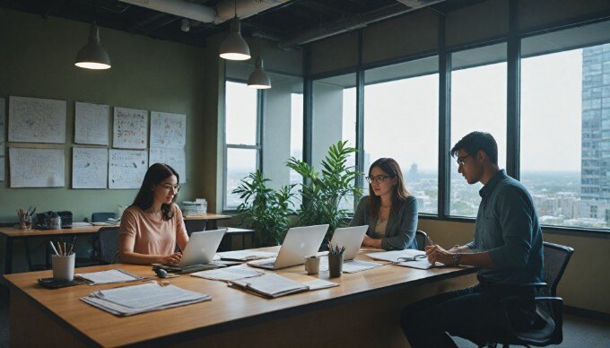 A professional setting where two people are discussing SEO strategies at a desk with a laptop and notes.