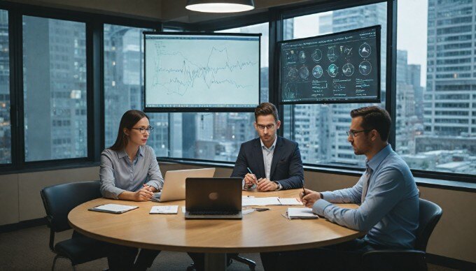 A professional setting with two people analyzing data on a laptop, discussing keyword strategies.