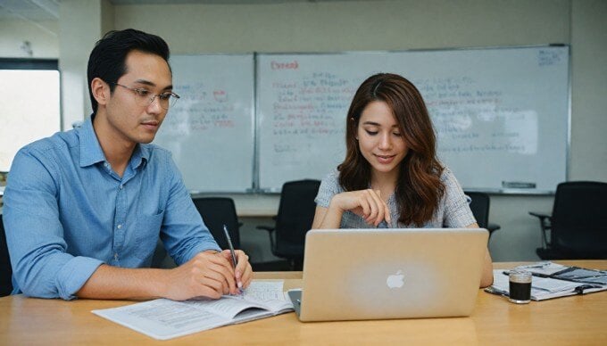 A professional setting with two people collaborating over a laptop, discussing meta descriptions for SEO.