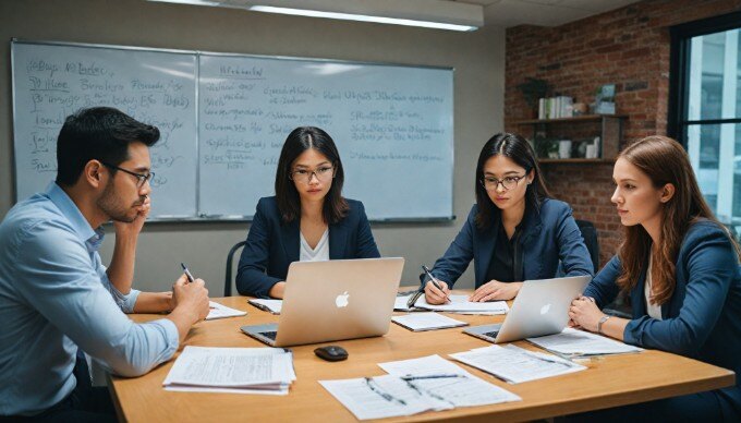 A diverse group of professionals brainstorming SEO strategies around a conference table with laptops and notes.