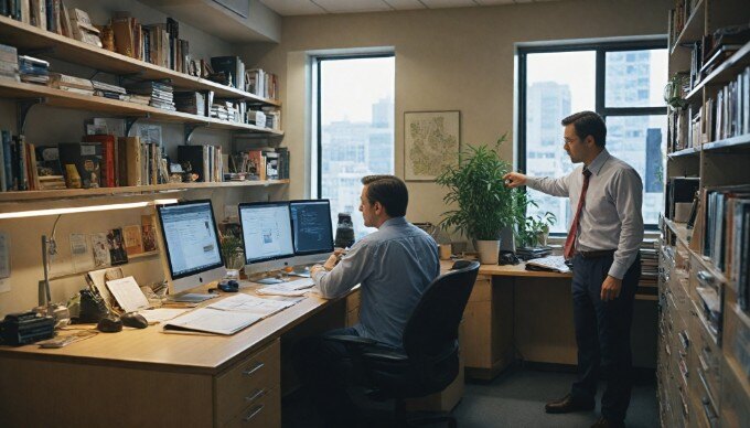 Professionals collaborating on SEO strategies at a desk with laptops and notes.