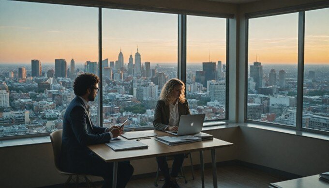 Two people collaborating on SEO strategies in a bright office environment.