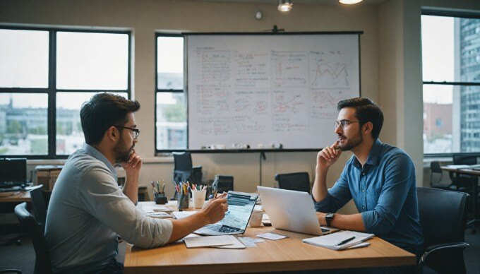 A professional setting with two individuals discussing SEO strategies over a laptop.