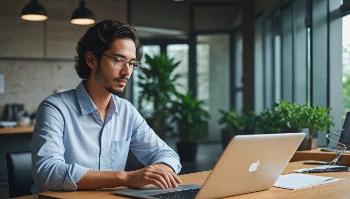 A person setting up Google Ads conversion tracking on a laptop in a bright, modern office environment.