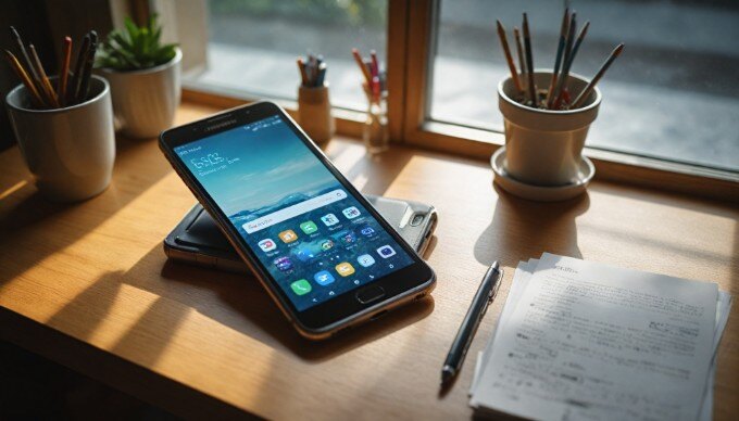 A close-up of a smartphone displaying a mobile app interface, surrounded by marketing materials on a desk.