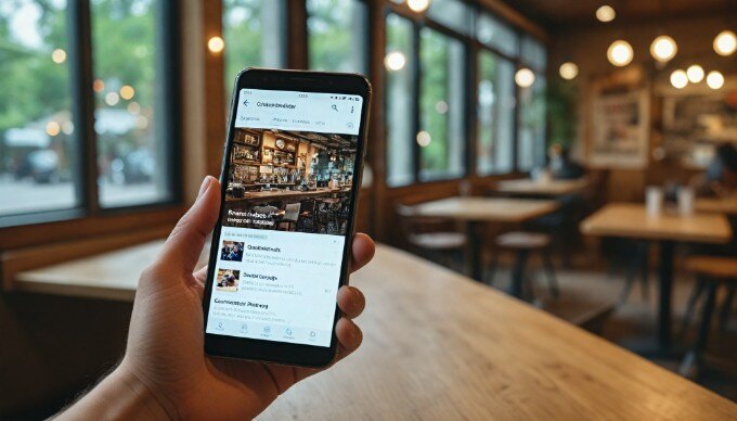 A close-up view of a smartphone displaying native ads in a social media feed, held by a person in a casual setting.