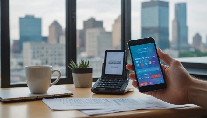 A close-up of a mobile phone displaying an SMS marketing message in a modern office environment.