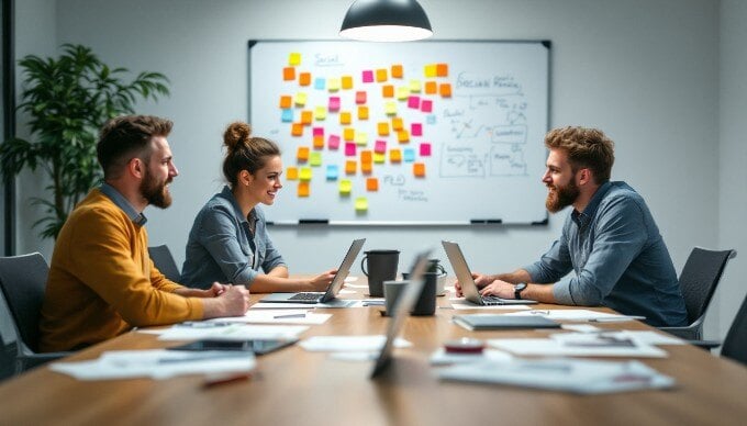 An engaging social media marketing brainstorming session with three team members at a conference table.