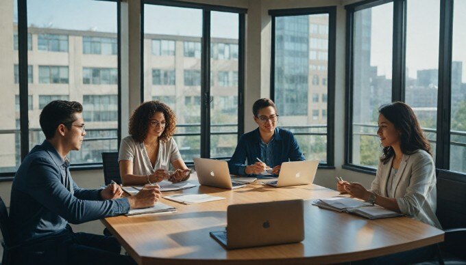 A team brainstorming session on enhancing brand loyalty in a modern office environment.