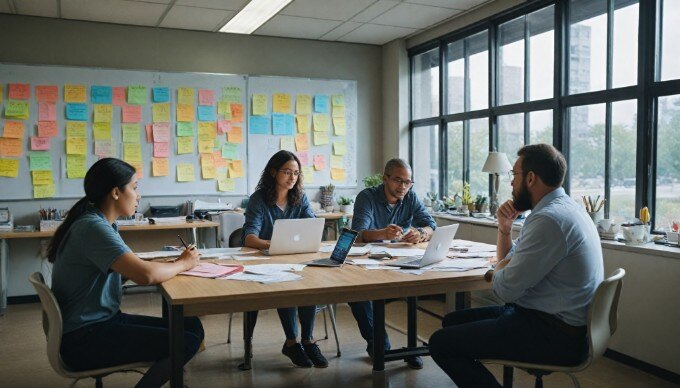 A team brainstorming strategies to improve click-through rates in a modern workspace.