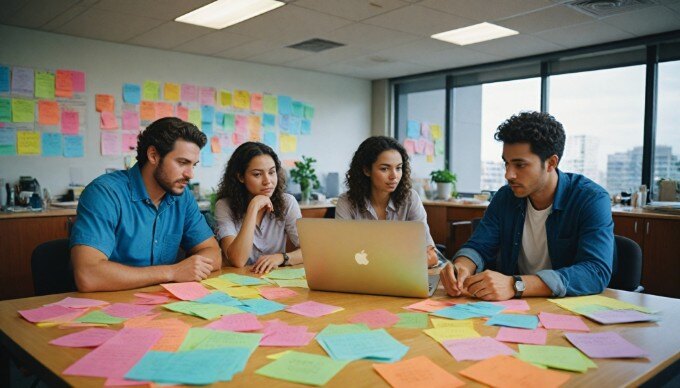 A multicultural team of four people brainstorming ideas around a conference table, with colorful sticky notes and a laptop. They are dressed in a mix of casual and business attire, showing diversity in both appearance and clothing style.