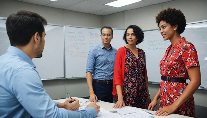 A team of employees brainstorming ideas together in a creative office setting, with colorful decor and casual attire.