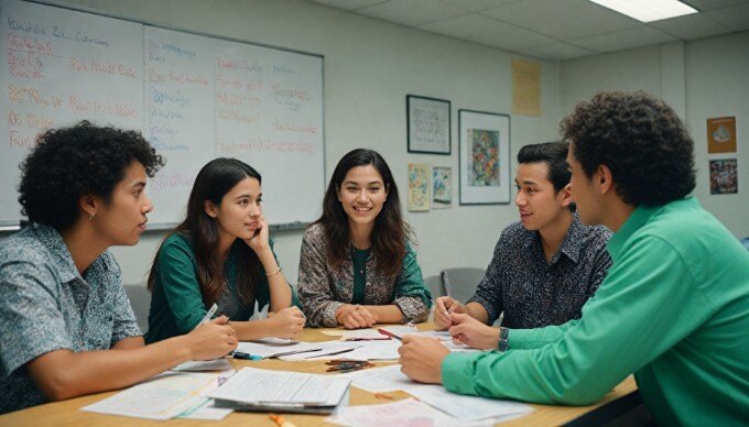 A team of four diverse employees brainstorming in a creative office setting, showcasing casual and colorful outfits.