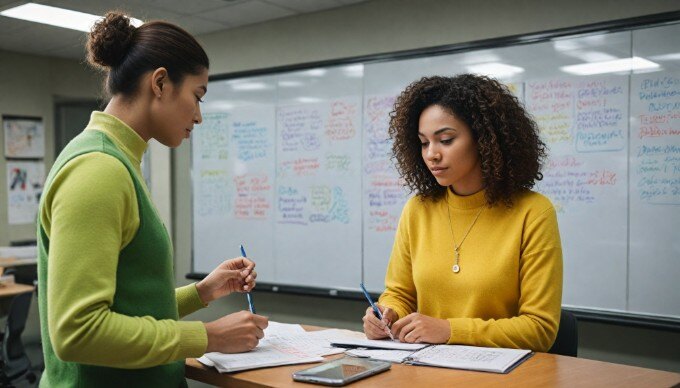 A team of diverse employees brainstorming ideas in a creative office environment, showcasing teamwork and collaboration.