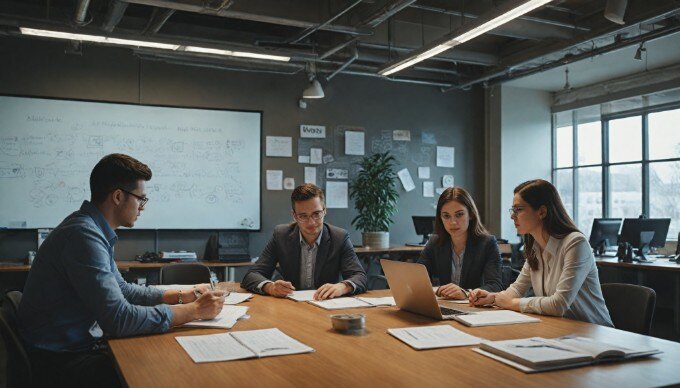 A diverse team brainstorming marketing strategies in a collaborative workspace.