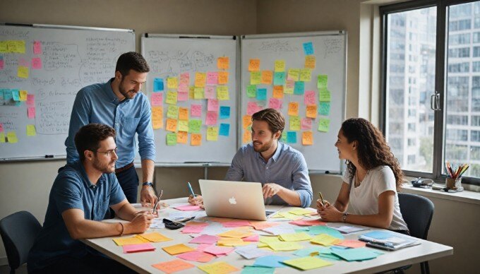 A team brainstorming personalized marketing strategies in a collaborative workspace.