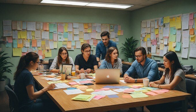 A team of diverse office workers brainstorming ideas around a table, showcasing a vibrant and collaborative work environment.