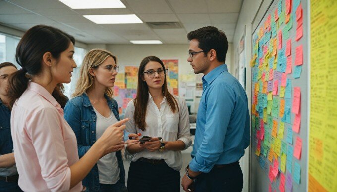 A team of diverse colleagues brainstorming in an office, surrounded by colorful post-it notes and a whiteboard.