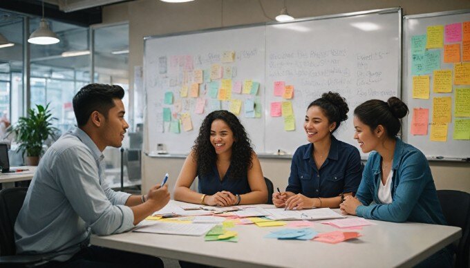 A team brainstorming in a bright office setting, showcasing diversity and teamwork with colorful attire.