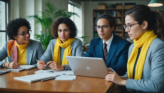 Team of office workers brainstorming in a bright and colorful workspace, showcasing teamwork and creativity.