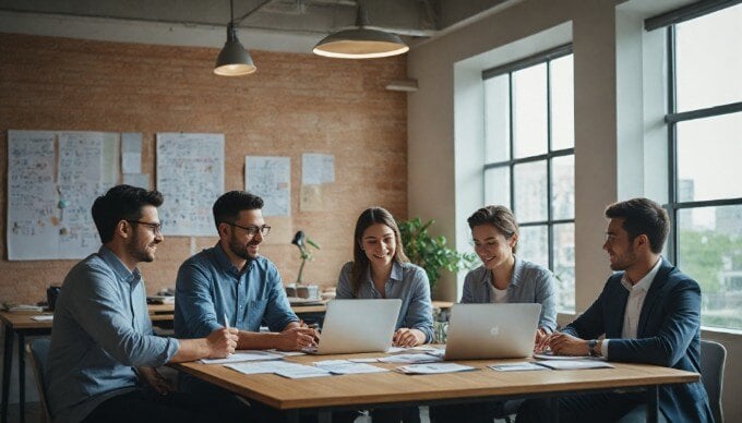 A team brainstorming session about keyword titles in a bright, modern office environment.