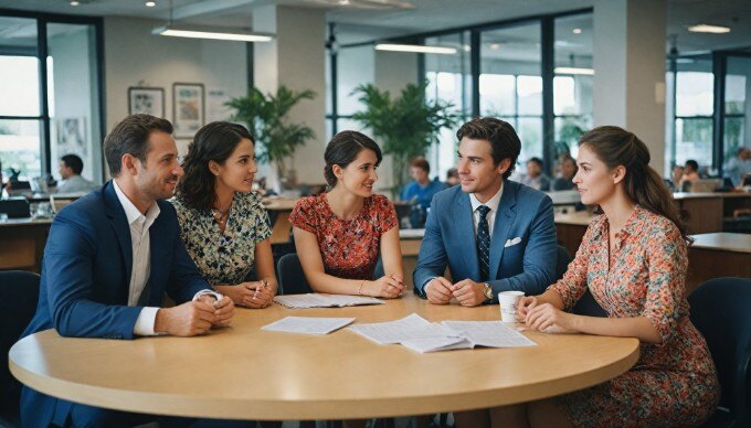 Team brainstorming session in a stylish office, featuring a mix of casual and formal attire.